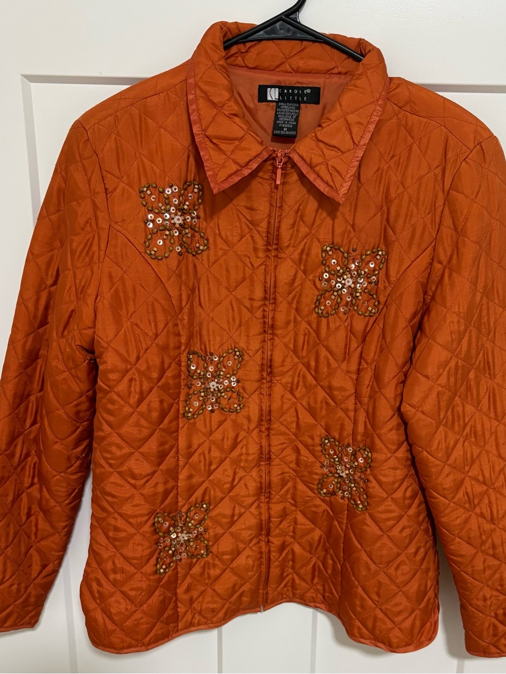 Carole Little VTG Orange Quilted Sequin Floral Jacket 100% Silk outer shell.